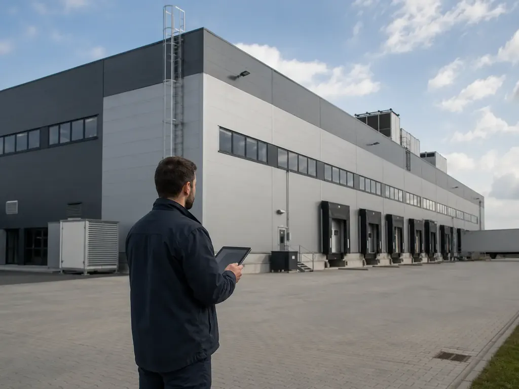 Energetický specialista provádí audit moderní průmyslové haly pomocí tabletu.
